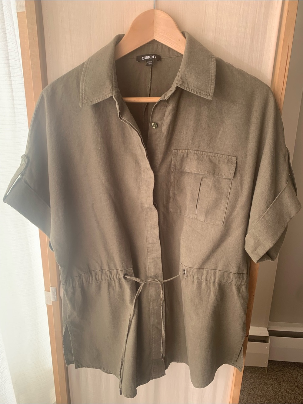 Olsen Linen Khaki Safari Jacket With Short Sleeves and Drawstring Waist, Medium